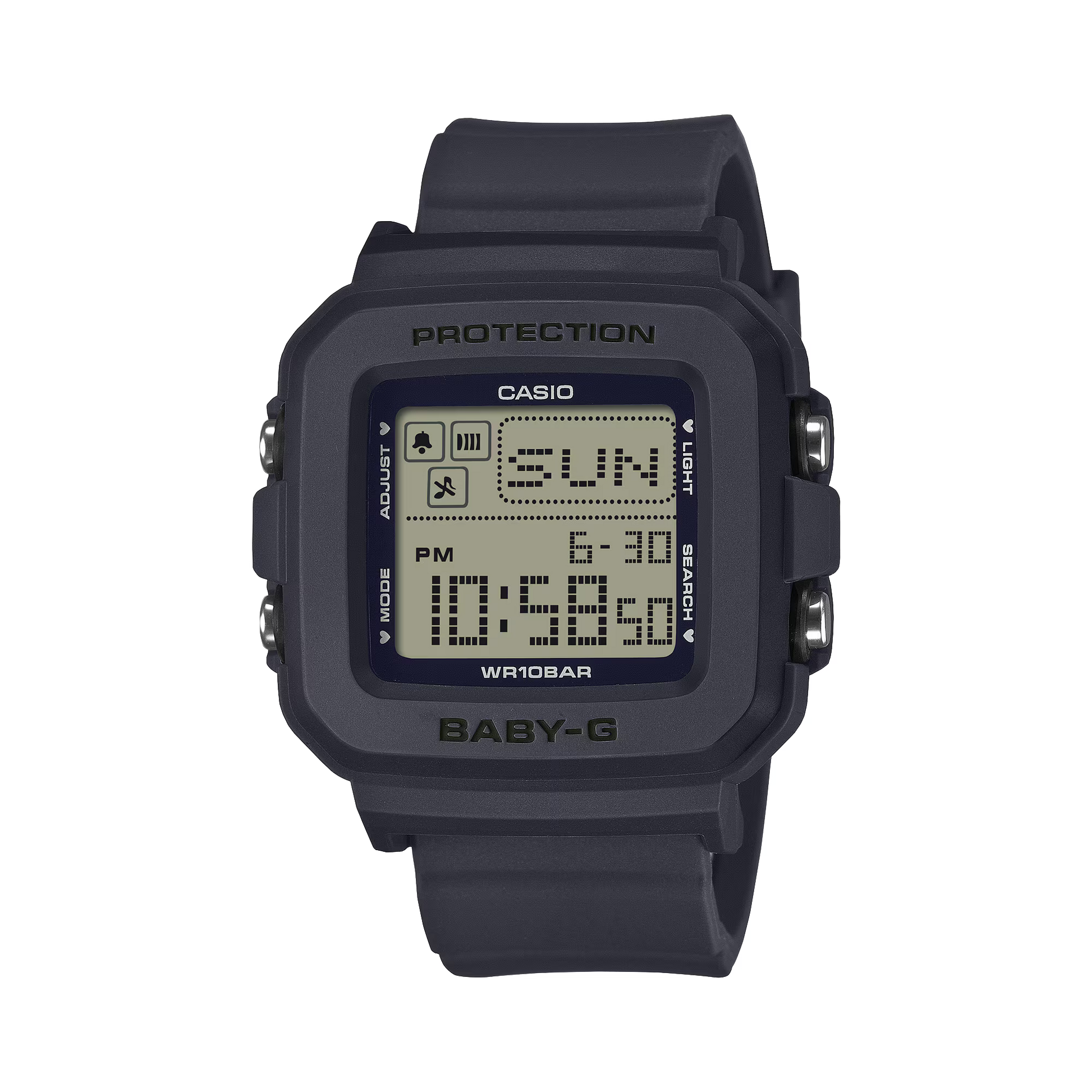 Black Casio digital watch on a white background