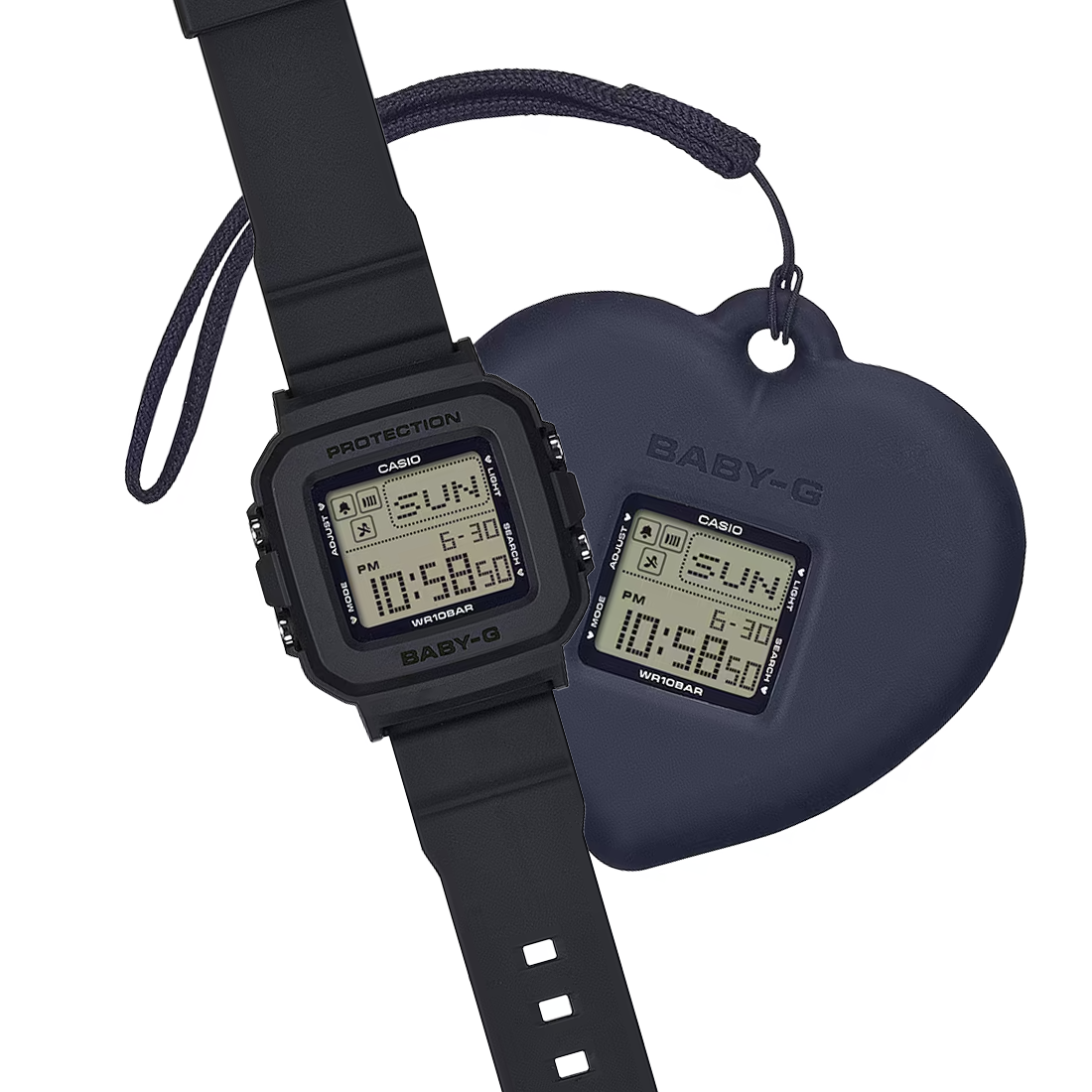 Casio BABY-G+ BGD-10KH-2C with a convertible digital watch design, removable center case, heart-shaped silicone holder, playful LED heart animation, and lightweight resin band in soft pastel tones.