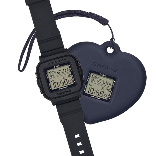 Casio BABY-G+ BGD-10KH-2C with a convertible digital watch design, removable center case, heart-shaped silicone holder, playful LED heart animation, and lightweight resin band in soft pastel tones.