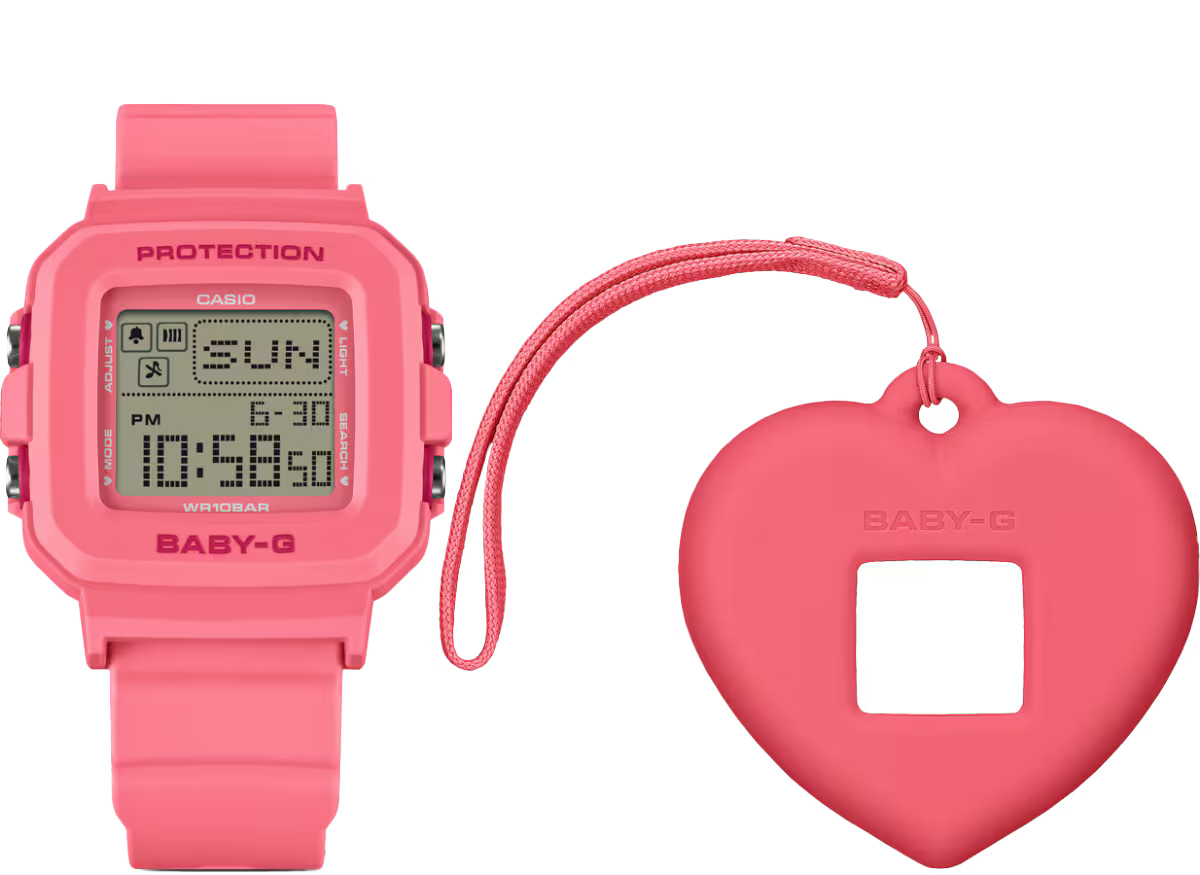 Casio BABY-G+ BGD-10KH-4 in soft pastel pink with a convertible digital watch design, removable center case, heart-shaped silicone holder, LED heart animation, and lightweight resin band.