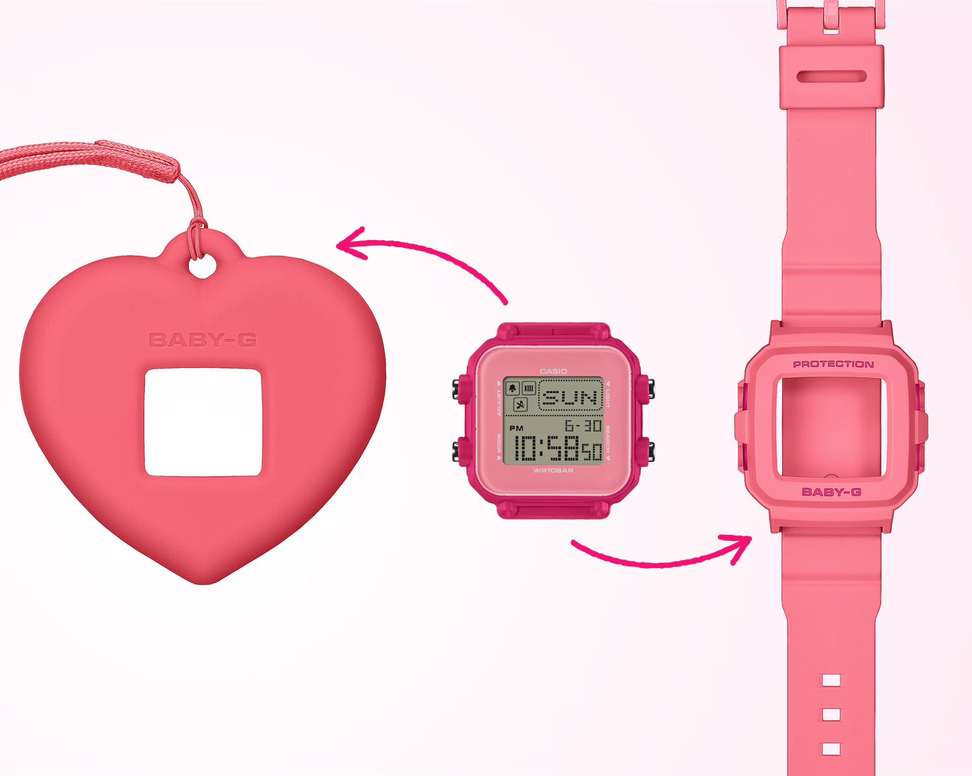 Pink digital watch with heart-shaped case on a white background
