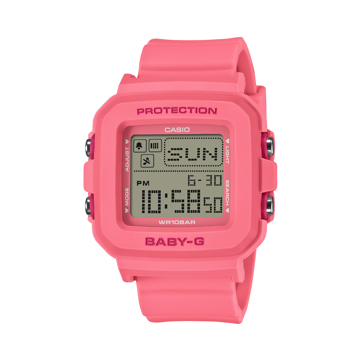 Pink Casio digital watch on a white background