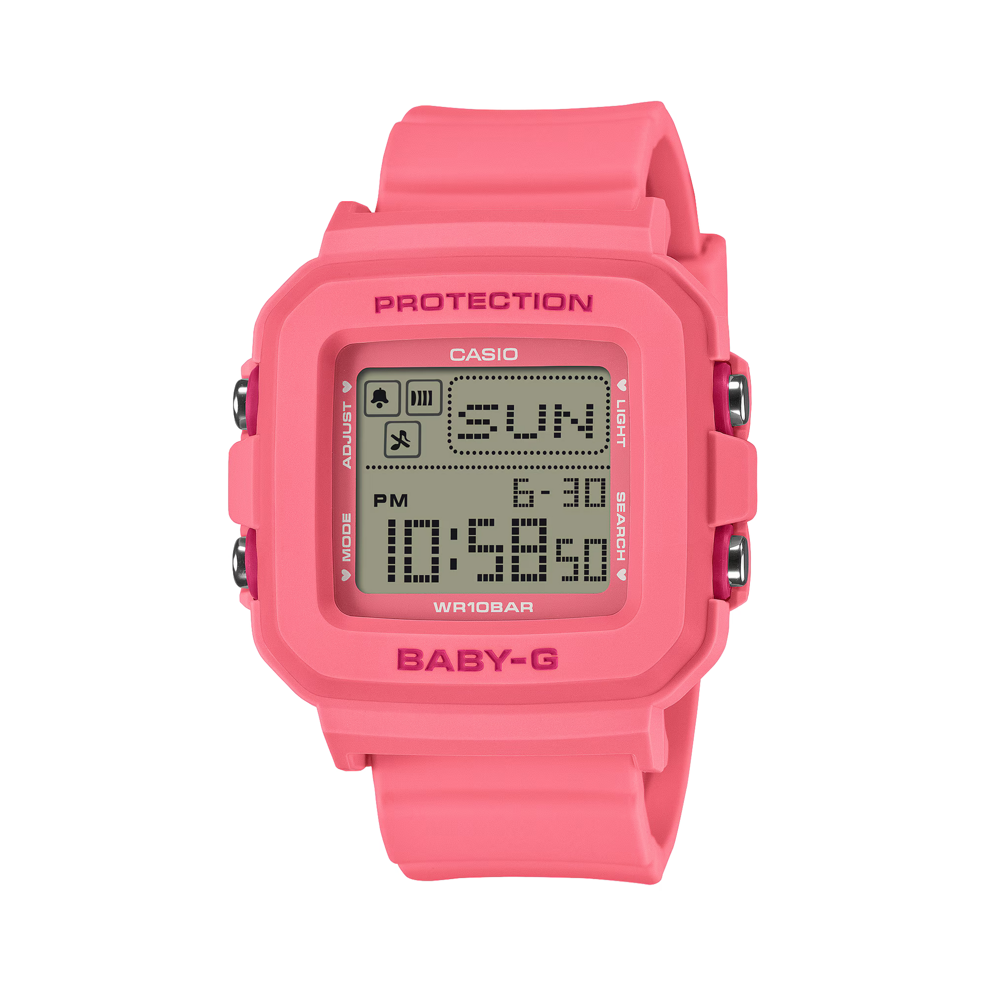 Pink Casio digital watch on a white background