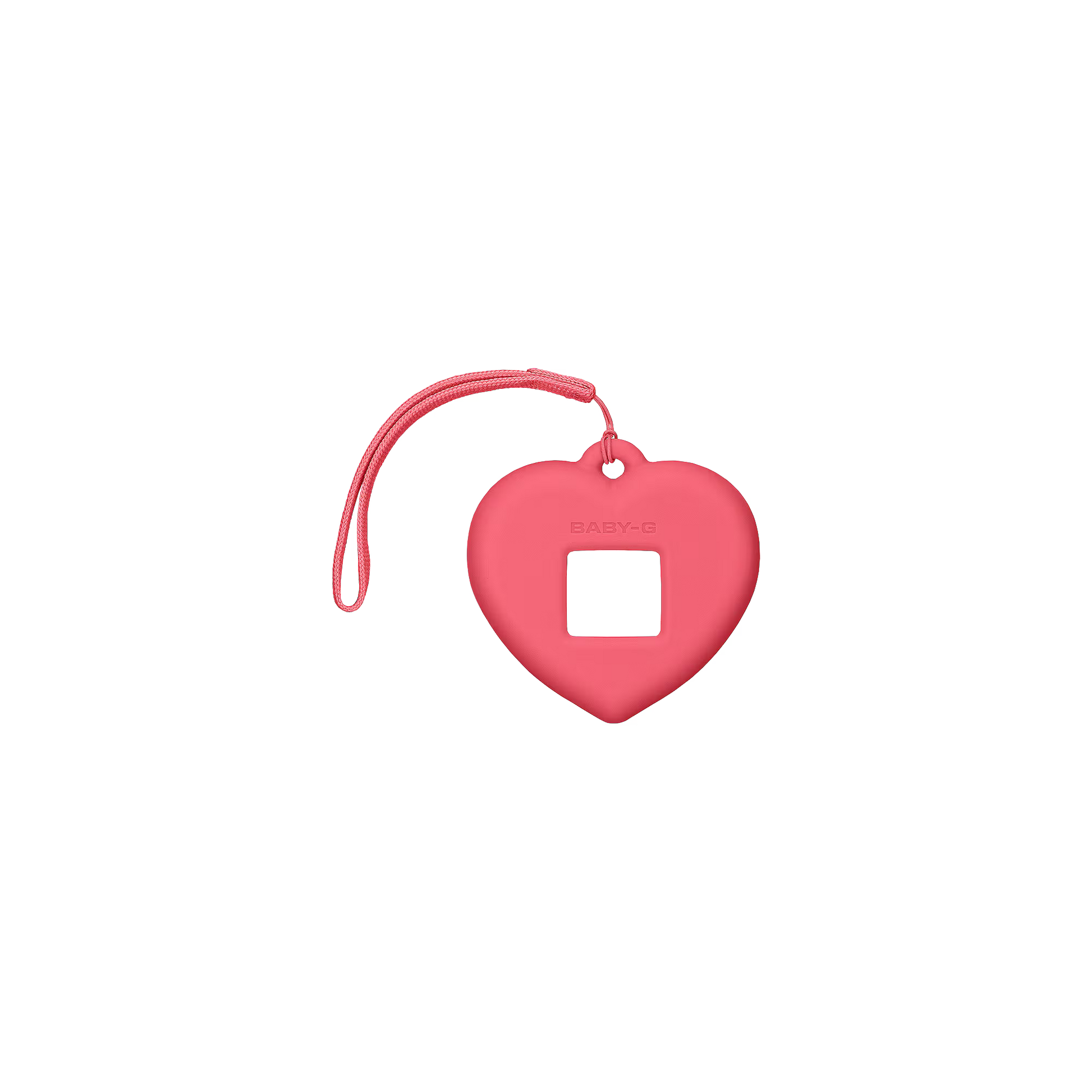 Pink heart-shaped keychain with a strap on a white background