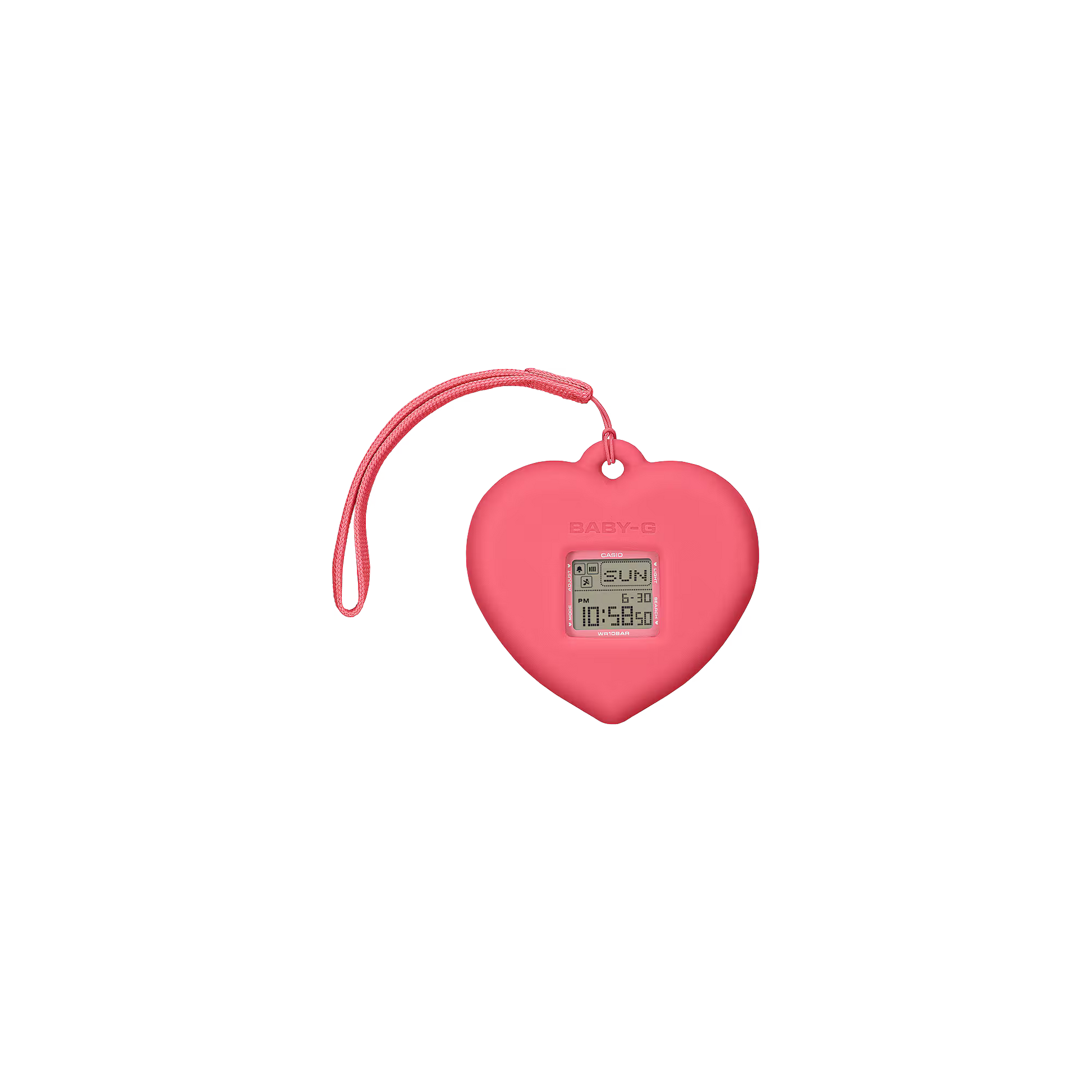 Pink heart-shaped digital device with a strap on a white background