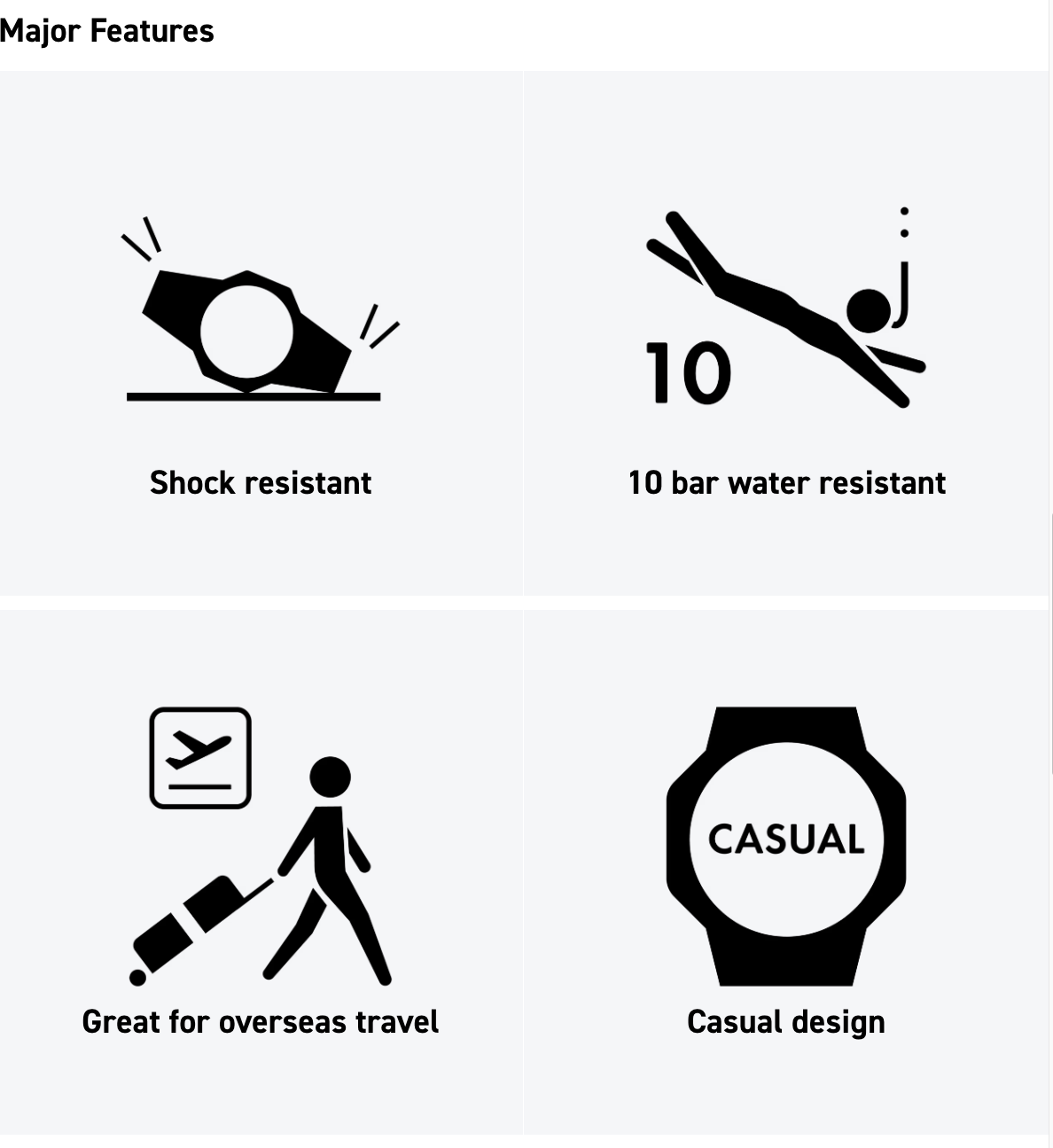 Diagram of a watch with icons and text indicating shock resistance, water resistance, travel suitability, and casual design.