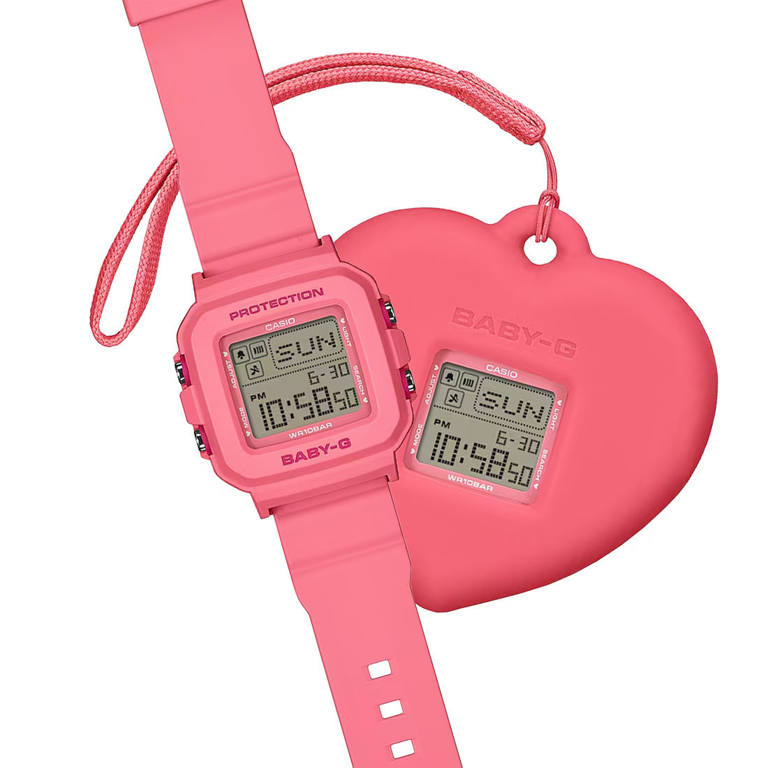 Casio BABY-G+ BGD-10KH-4 in soft pastel pink with a convertible digital watch design, removable center case, heart-shaped silicone holder, LED heart animation, and lightweight resin band.