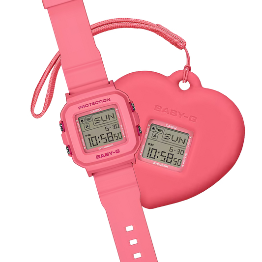 Casio BABY-G+ BGD-10KH-4 in soft pastel pink with a convertible digital watch design, removable center case, heart-shaped silicone holder, LED heart animation, and lightweight resin band.