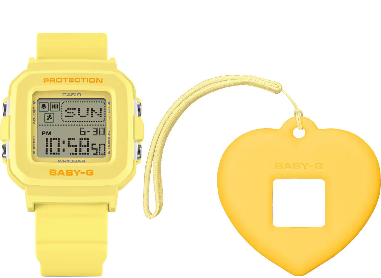 Casio BABY-G+PLUS BGD-10KH-9 in pastel yellow with a convertible digital watch design, removable center case, heart-shaped holder accessory, LED heart display, and lightweight resin band.