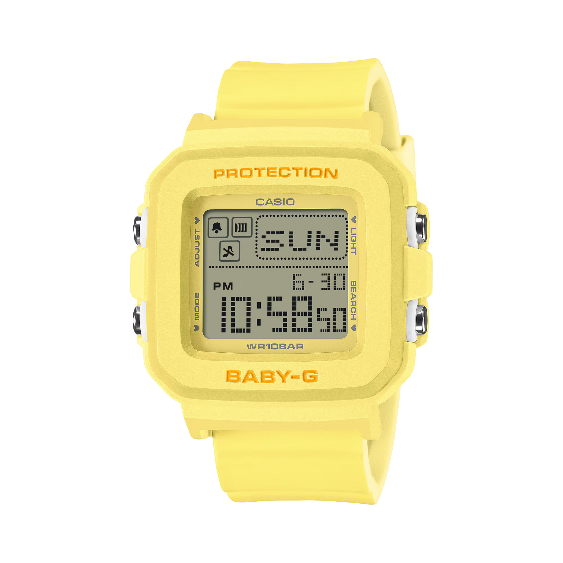 Yellow Casio digital watch with 'Baby-G' branding on a white background