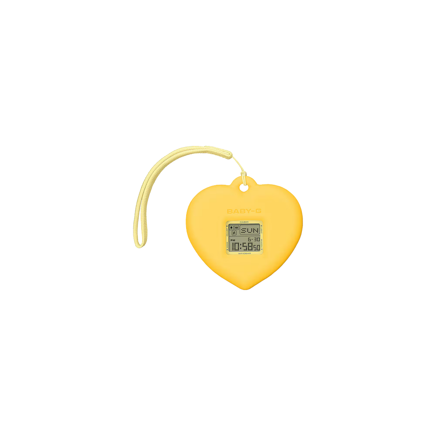 Yellow heart-shaped device with a digital display on a white background