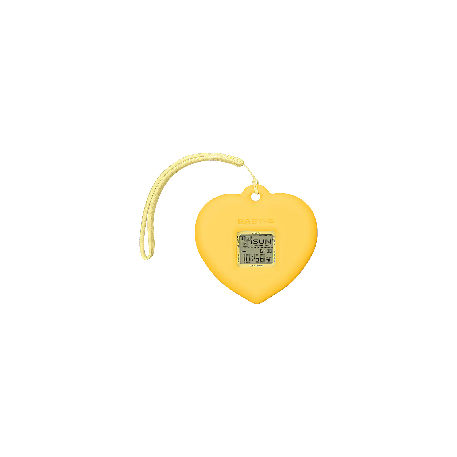 Yellow heart-shaped device with a digital display on a white background