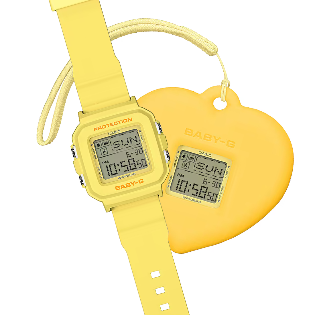 Casio BABY-G+PLUS BGD-10KH-9 in pastel yellow with a convertible digital watch design, removable center case, heart-shaped holder accessory, LED heart display, and lightweight resin band.