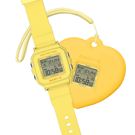 Casio BABY-G+PLUS BGD-10KH-9 in pastel yellow with a convertible digital watch design, removable center case, heart-shaped holder accessory, LED heart display, and lightweight resin band.