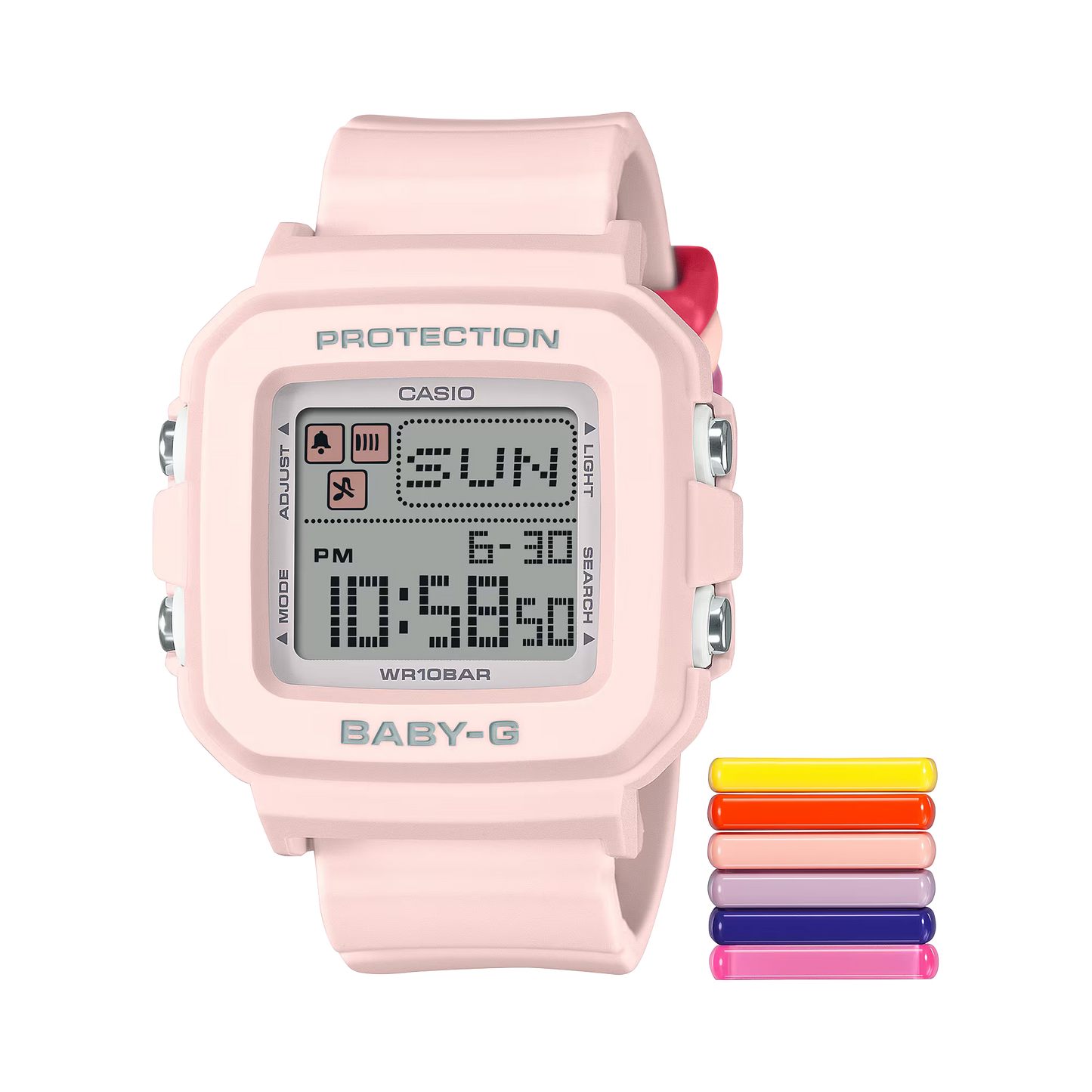 Casio BABY-G+PLUS BGD10L-4 in pink with interchangeable colorful band loops, playful pixel-art animations, lightweight resin build, and a cute customizable design.