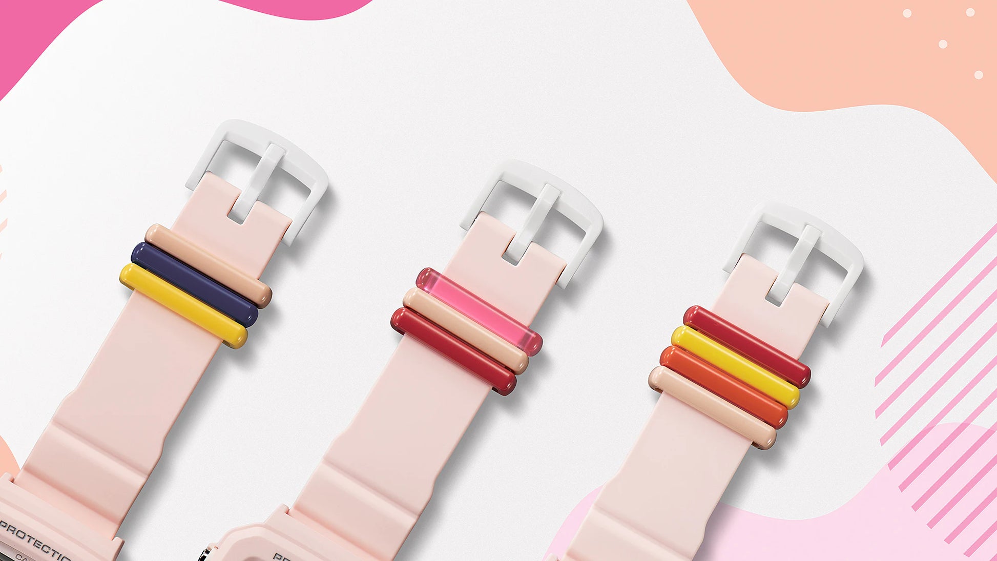 Three colorful watch straps on a white background