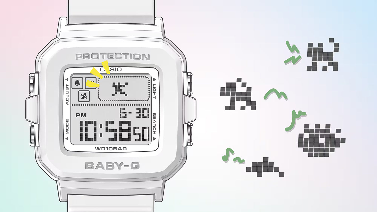 Digital watch with pixel art icons on a gradient background