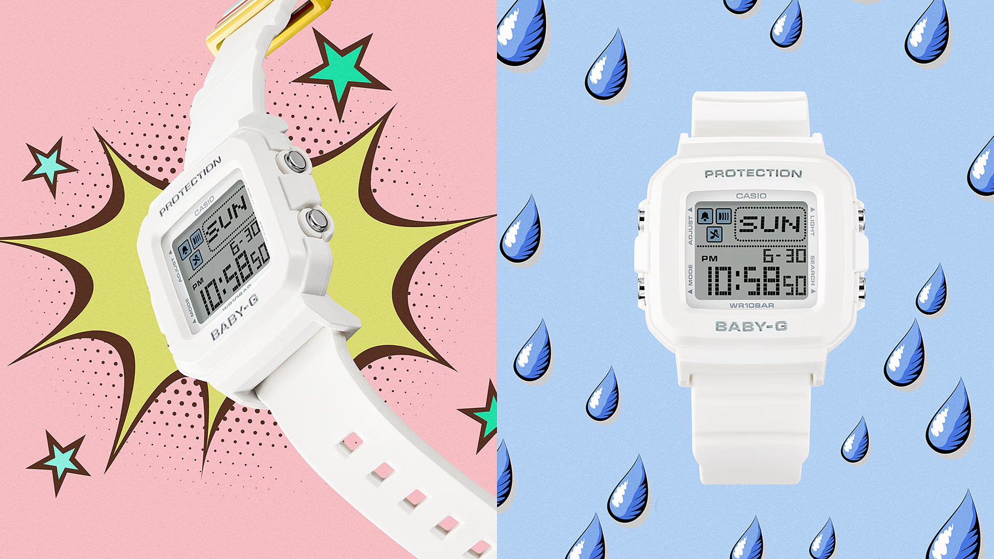 White digital watch on a colorful background with raindrop patterns