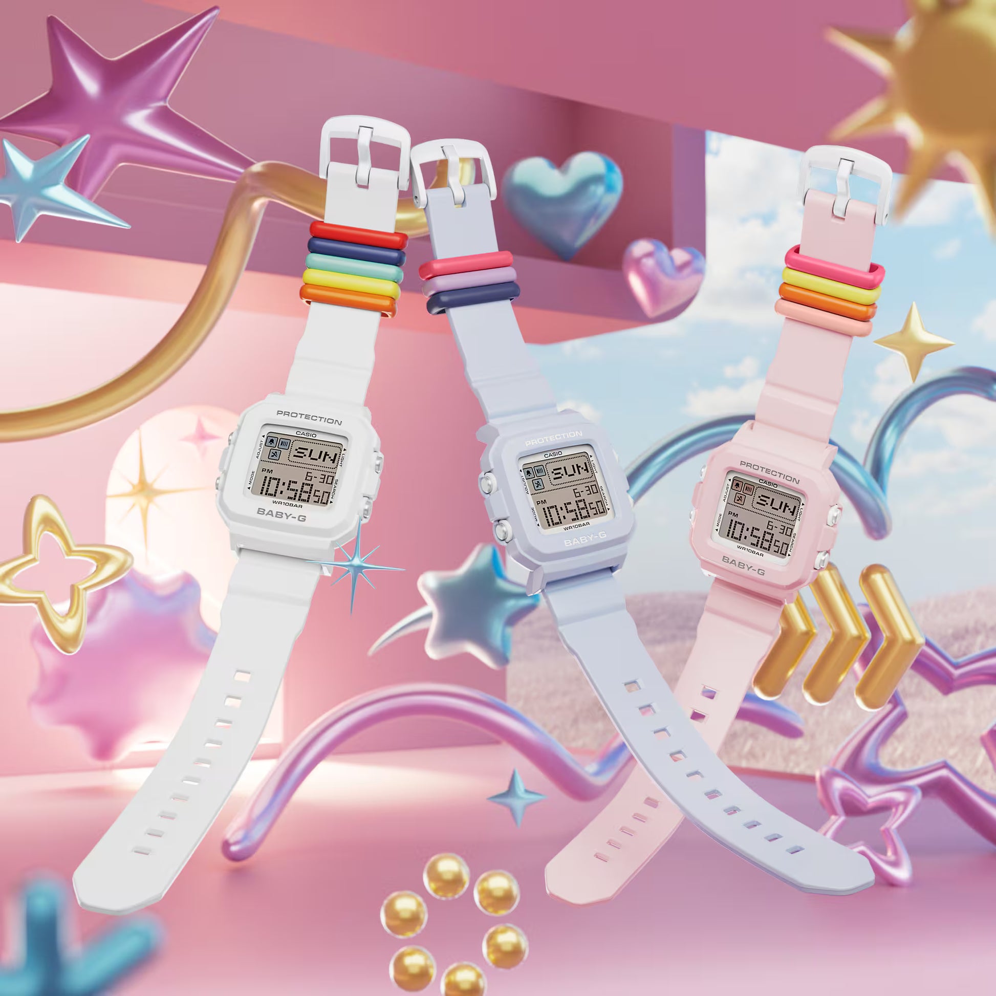 Three digital watches with colorful straps on a pastel background with stars and hearts.