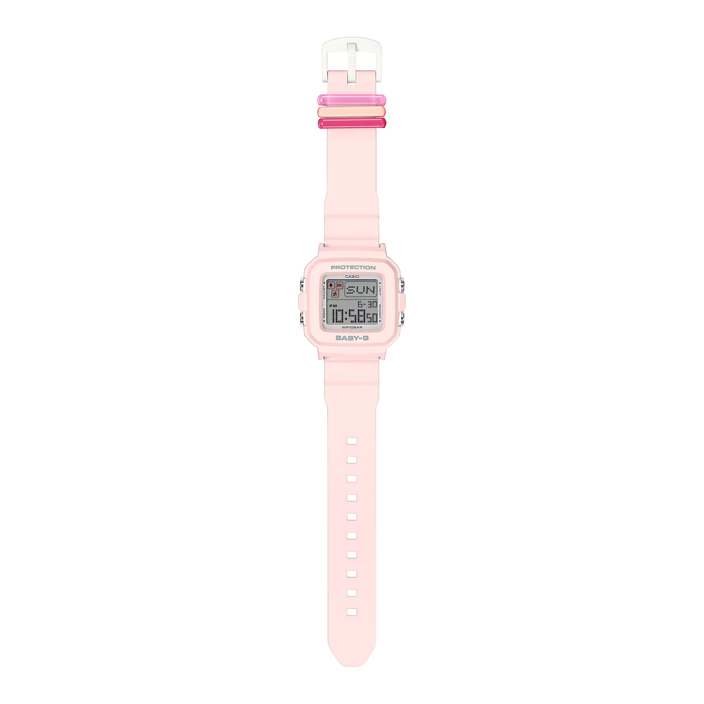 Pink digital watch with a cartoon character on a white background