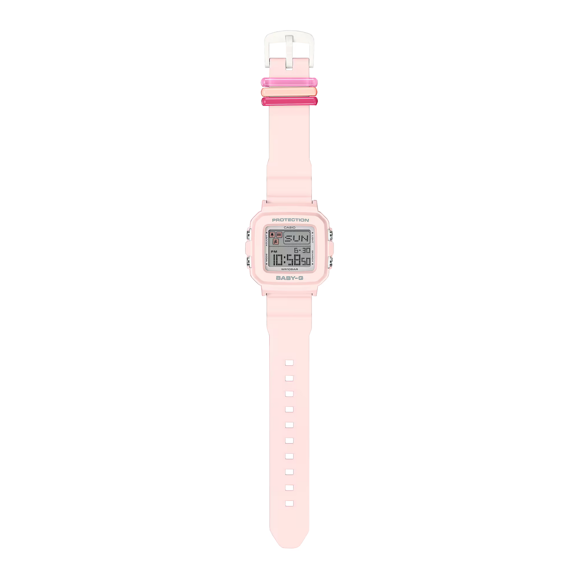 Pink digital watch with a cartoon character on a white background