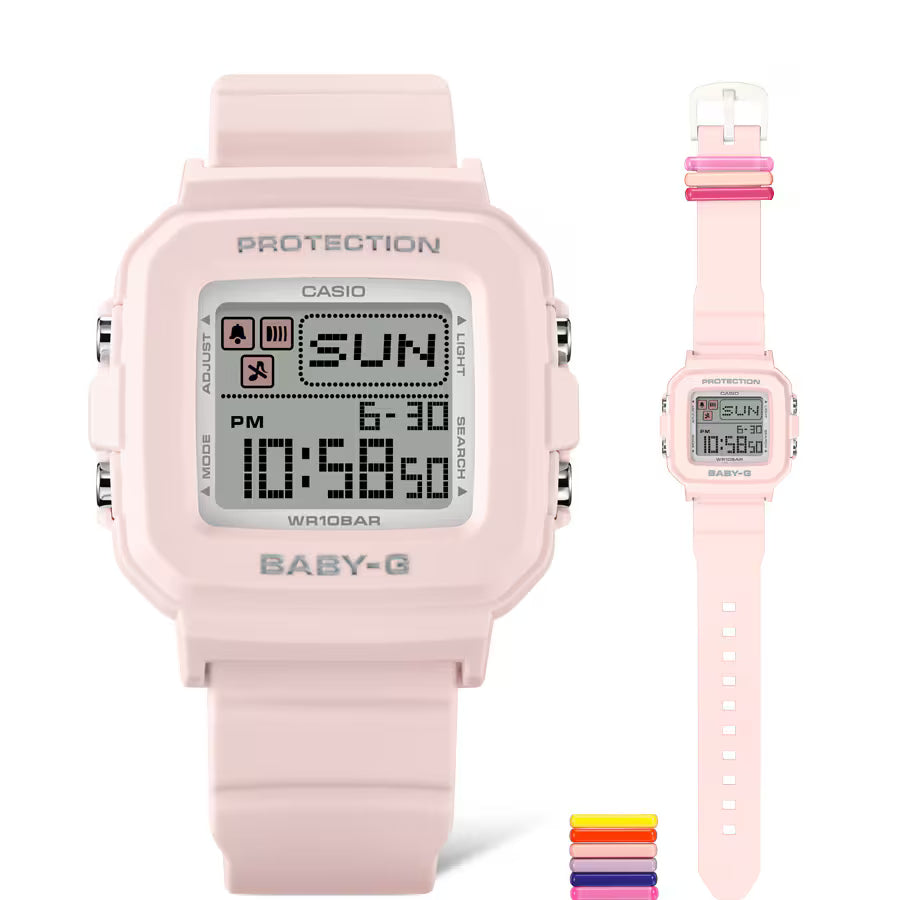 Pink Casio digital watch with colorful strap options on a white background