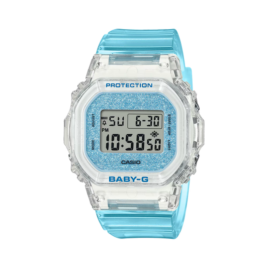 Casio BABY-G BGD565GC-2 women’s digital watch with translucent blue resin case and band, glittering dial, shock resistance, 100m water resistance, LED Super Illuminator, stopwatch, countdown timer, and alarms.