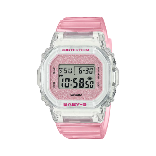 Casio BABY-G BGD-565 Series BGD565GC-4 – clear pink resin watch with glitter dial, compact and lightweight, shock-resistant, 100m water resistance, and Super Illuminator LED.