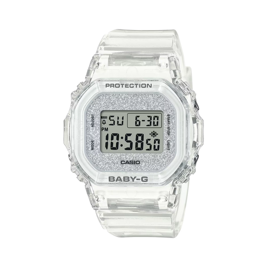 Casio BABY-G BGD-565 Series BGD565GC-7 – translucent resin design with glitter dial, compact and lightweight, shock-resistant, 100m water resistance, and Super Illuminator LED.