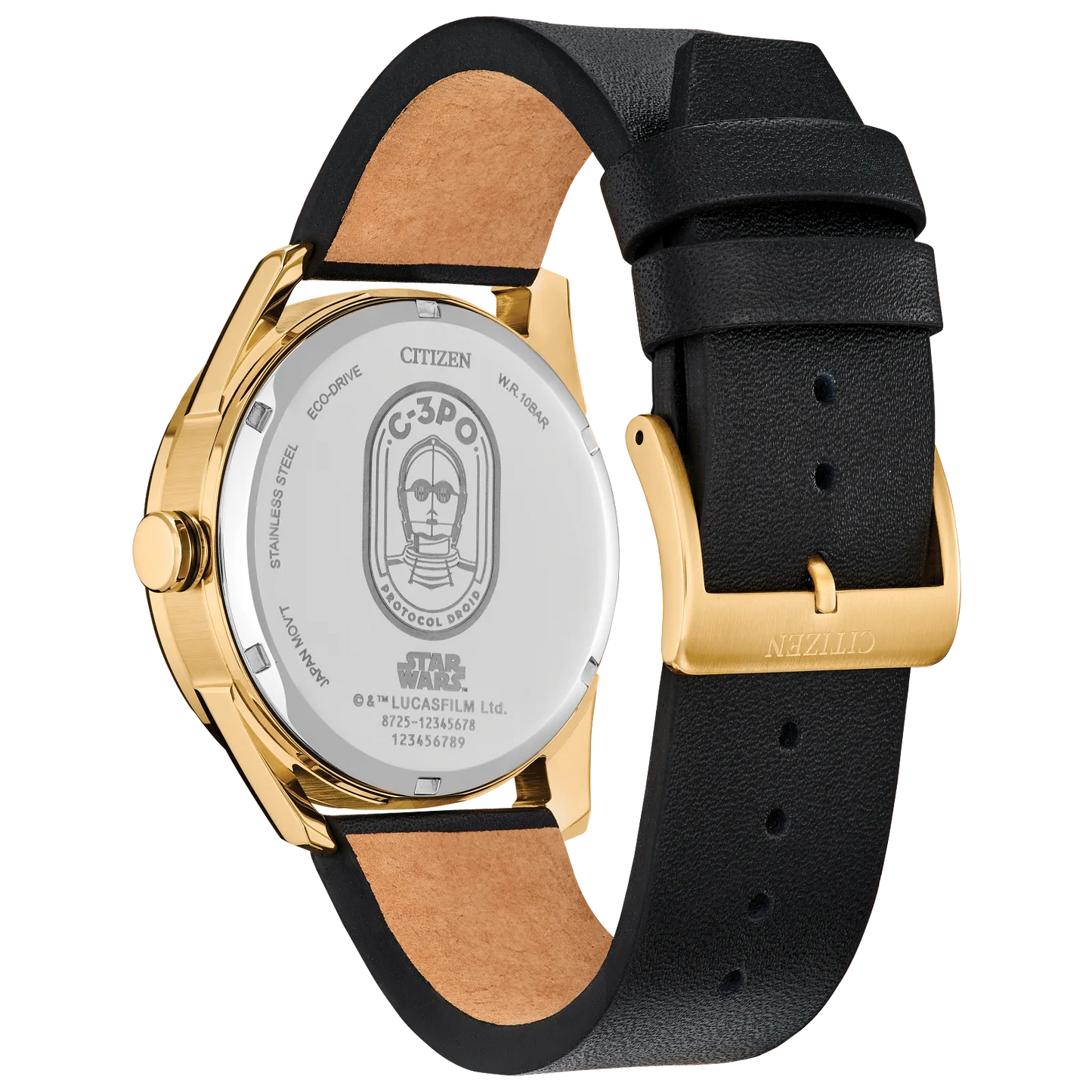 CITIZEN Star Wars C-3PO Rewired BU4026-05W – gold-tone Eco-Drive watch with yellow dial, C-3PO-inspired details, black leather strap with colorful stitching, and WR100 water resistance.