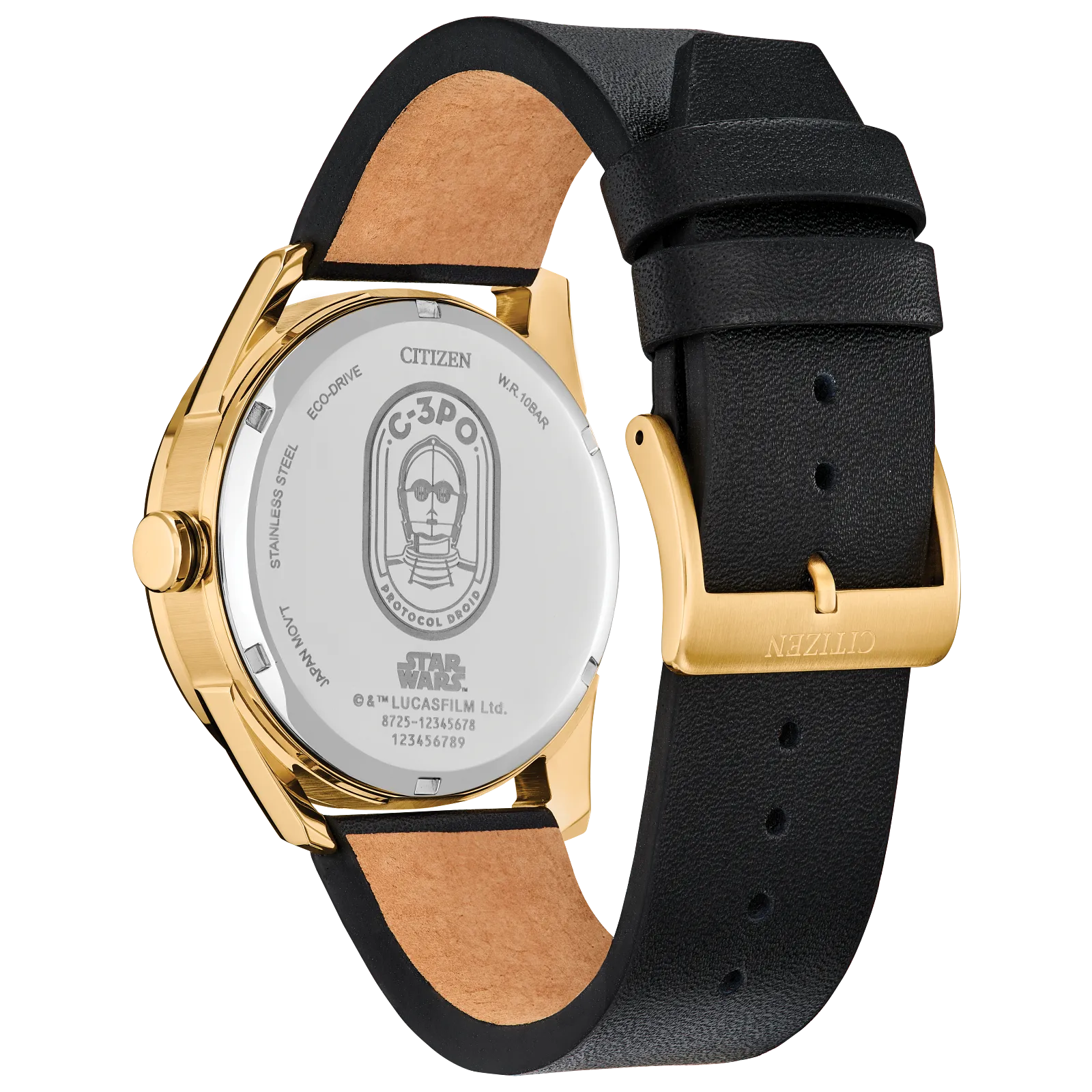 CITIZEN Star Wars C-3PO Rewired BU4026-05W – gold-tone Eco-Drive watch with yellow dial, C-3PO-inspired details, black leather strap with colorful stitching, and WR100 water resistance.