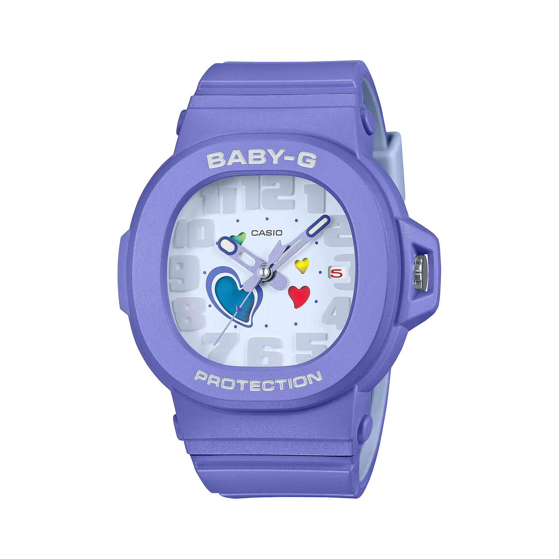 Casio BABY-G BGA10-6A Playful Hearts Series watch with purple resin case, color-changing heart-motif dial, Cupid’s arrow seconds hand, detachable bezel, shock-resistant build, and 100m water resistance.