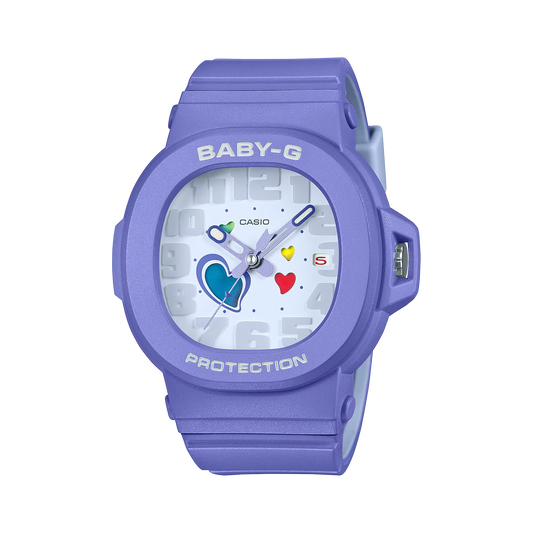Casio BABY-G BGA10-6A Playful Hearts Series watch with purple resin case, color-changing heart-motif dial, Cupid’s arrow seconds hand, detachable bezel, shock-resistant build, and 100m water resistance.