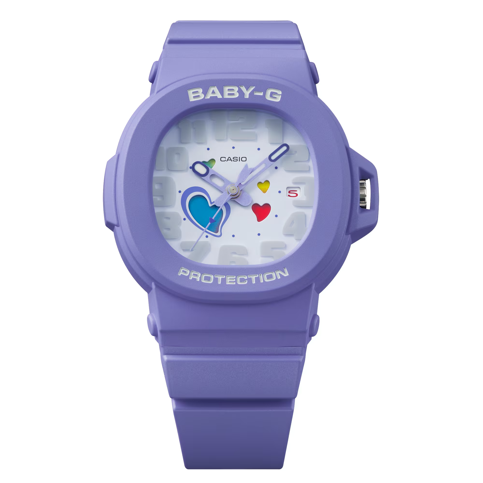 Purple Casio Baby-G watch with colorful heart design on a white background