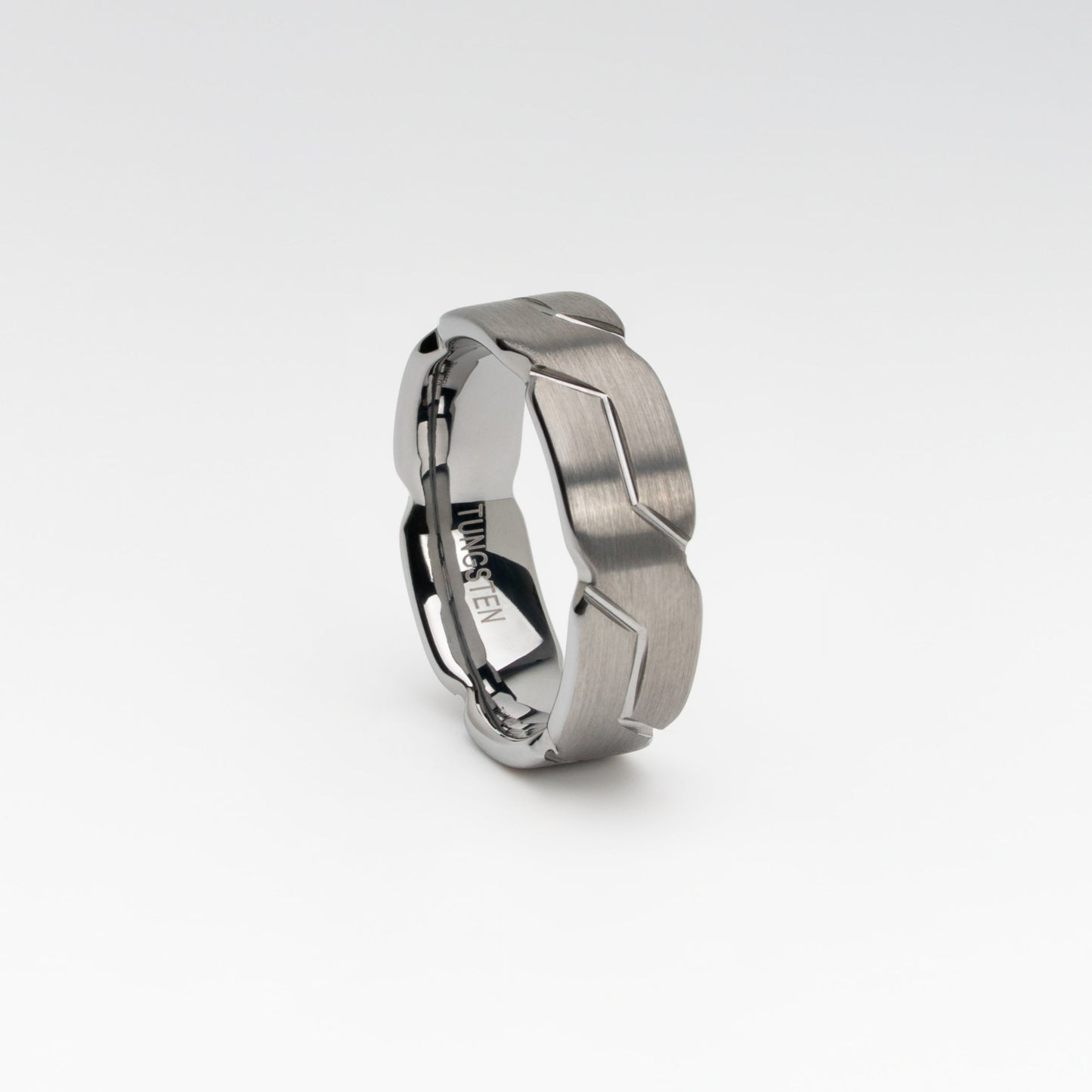Brushed Silver Tungsten Carbide Ring with Geometric Link Pattern – 8mm Comfort Fit, Modern Men's Wedding Band or Fashion Ring, Scratch-Resistant and Durable