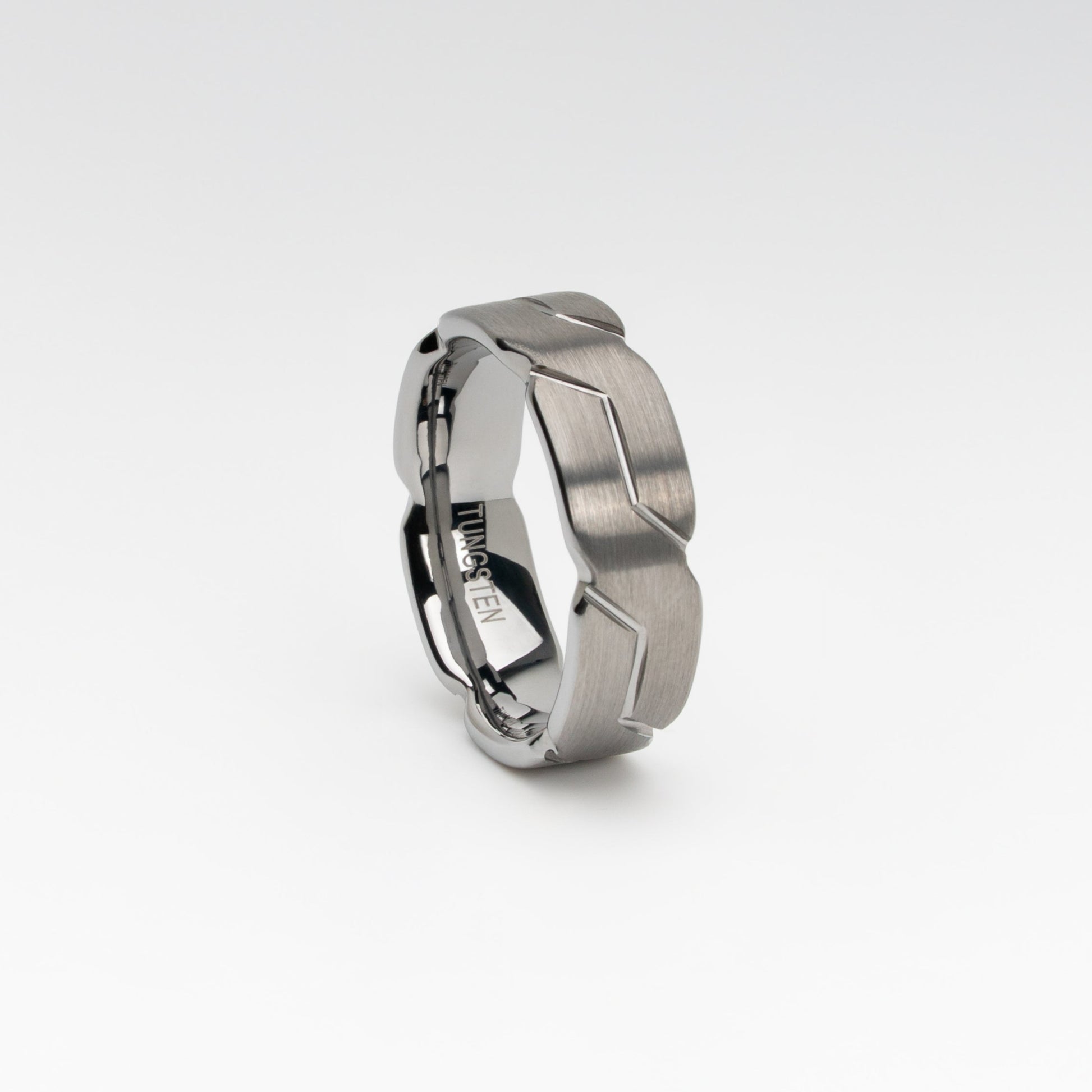 Brushed Silver Tungsten Carbide Ring with Geometric Link Pattern – 8mm Comfort Fit, Modern Men's Wedding Band or Fashion Ring, Scratch-Resistant and Durable
