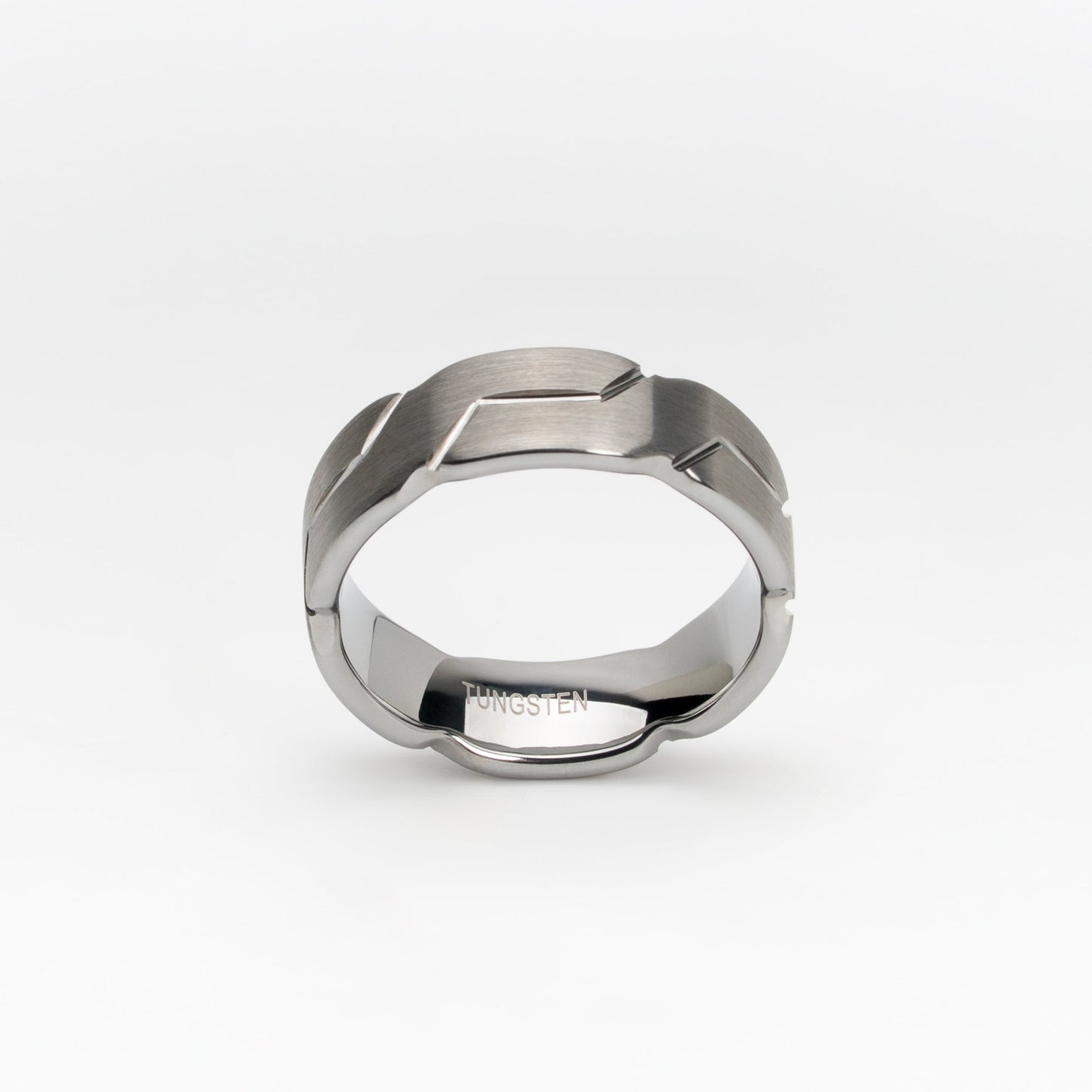 Brushed Silver Tungsten Carbide Ring with Geometric Link Pattern – 8mm Comfort Fit, Modern Men's Wedding Band or Fashion Ring, Scratch-Resistant and Durable