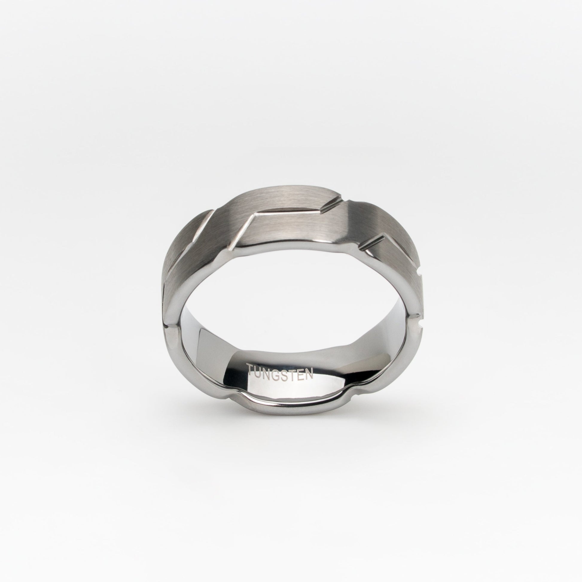 Brushed Silver Tungsten Carbide Ring with Geometric Link Pattern – 8mm Comfort Fit, Modern Men's Wedding Band or Fashion Ring, Scratch-Resistant and Durable