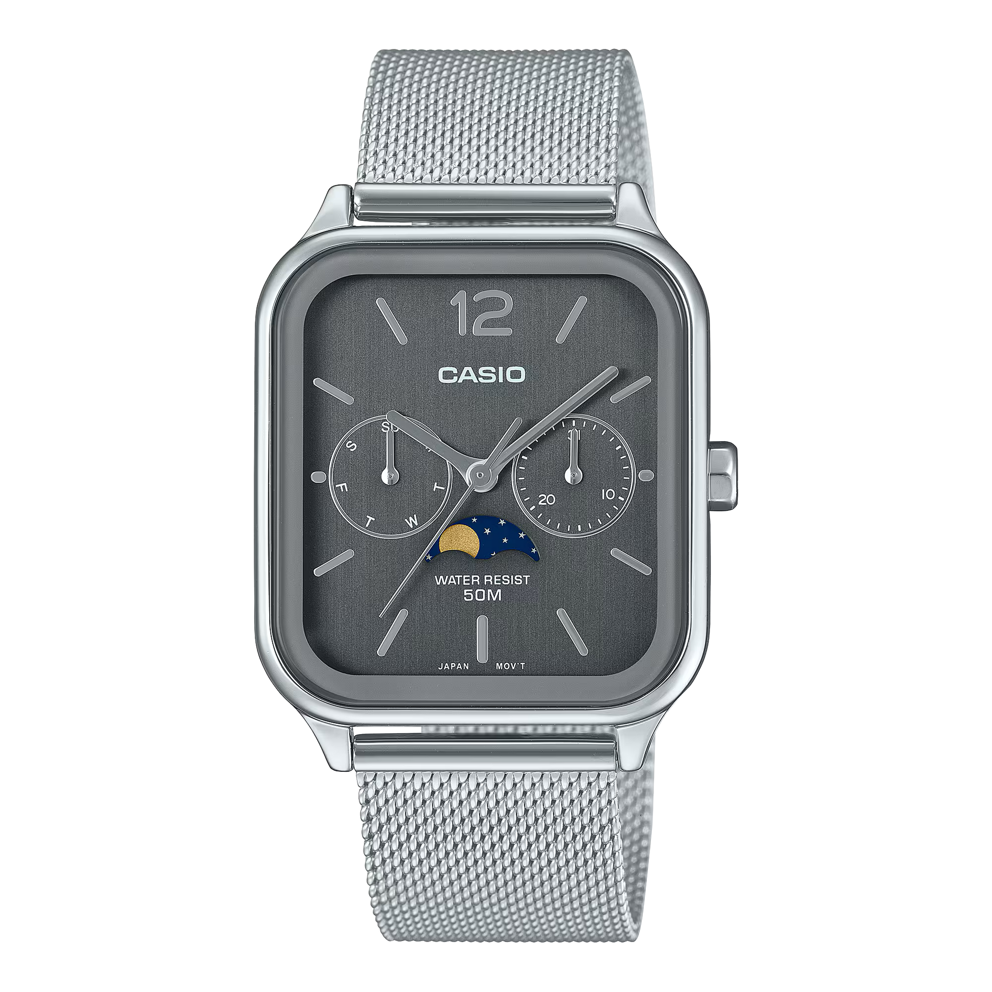 Casio Standard MTPM305MC-8AV analog watch with rectangular stainless steel case, stainless steel mesh band, moon phase display, date and day sub-dials, mineral glass, 50m water resistance, slim 9.4 mm profile, and 80 g lightweight build.