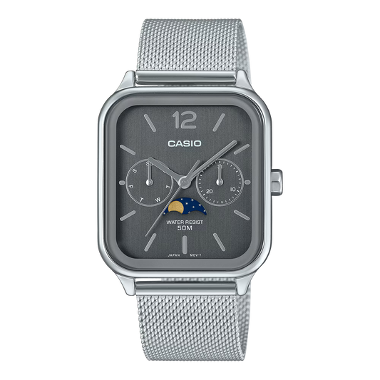 Casio Standard MTPM305MC-8AV analog watch with rectangular stainless steel case, stainless steel mesh band, moon phase display, date and day sub-dials, mineral glass, 50m water resistance, slim 9.4 mm profile, and 80 g lightweight build.
