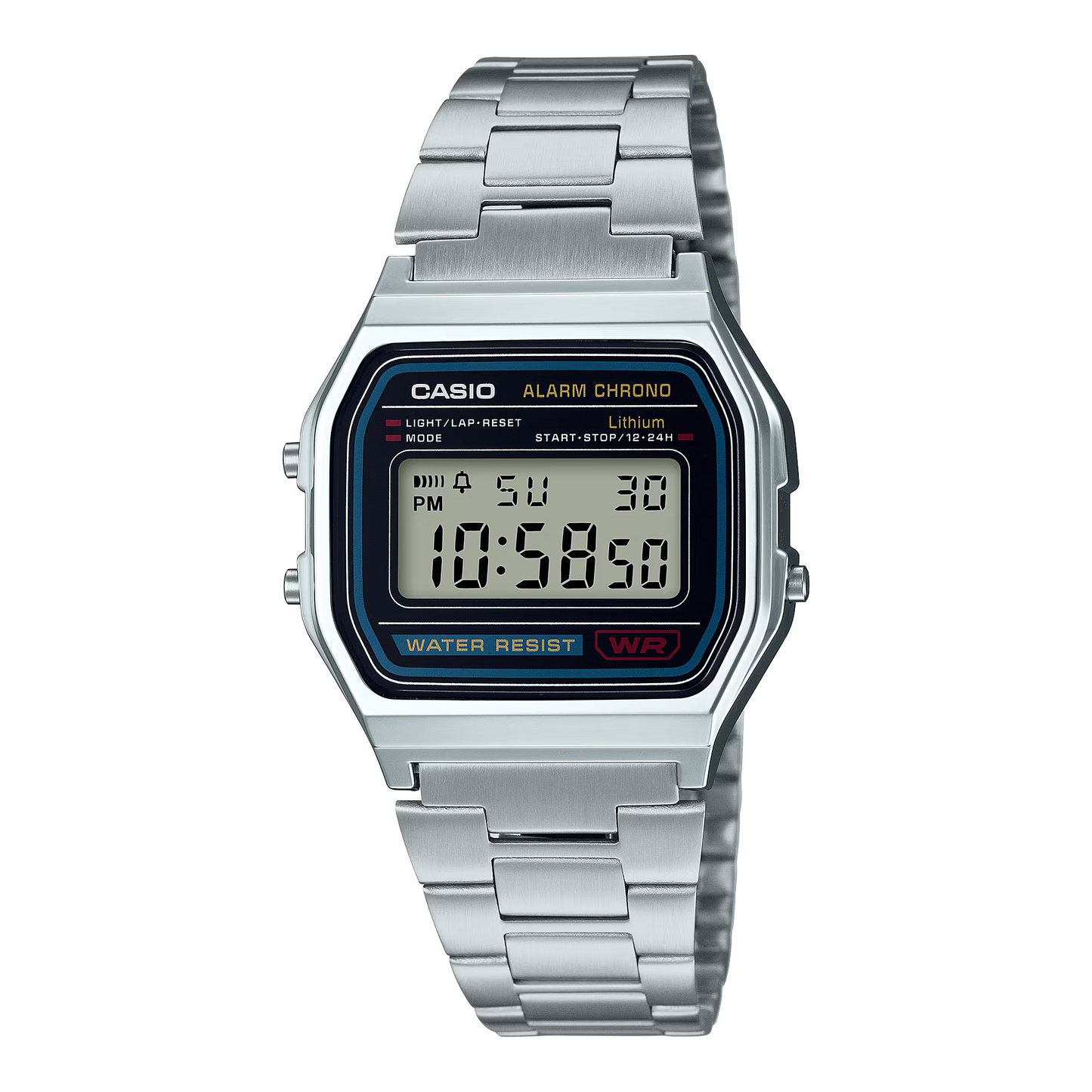 Casio Vintage A158WA-1 digital watch with silver-tone stainless steel band, chrome-plated resin case, green LED backlight, stopwatch, daily alarm, auto-calendar, water resistance, slim 8.2 mm profile, lightweight 46 g build, and 7-year battery life.”