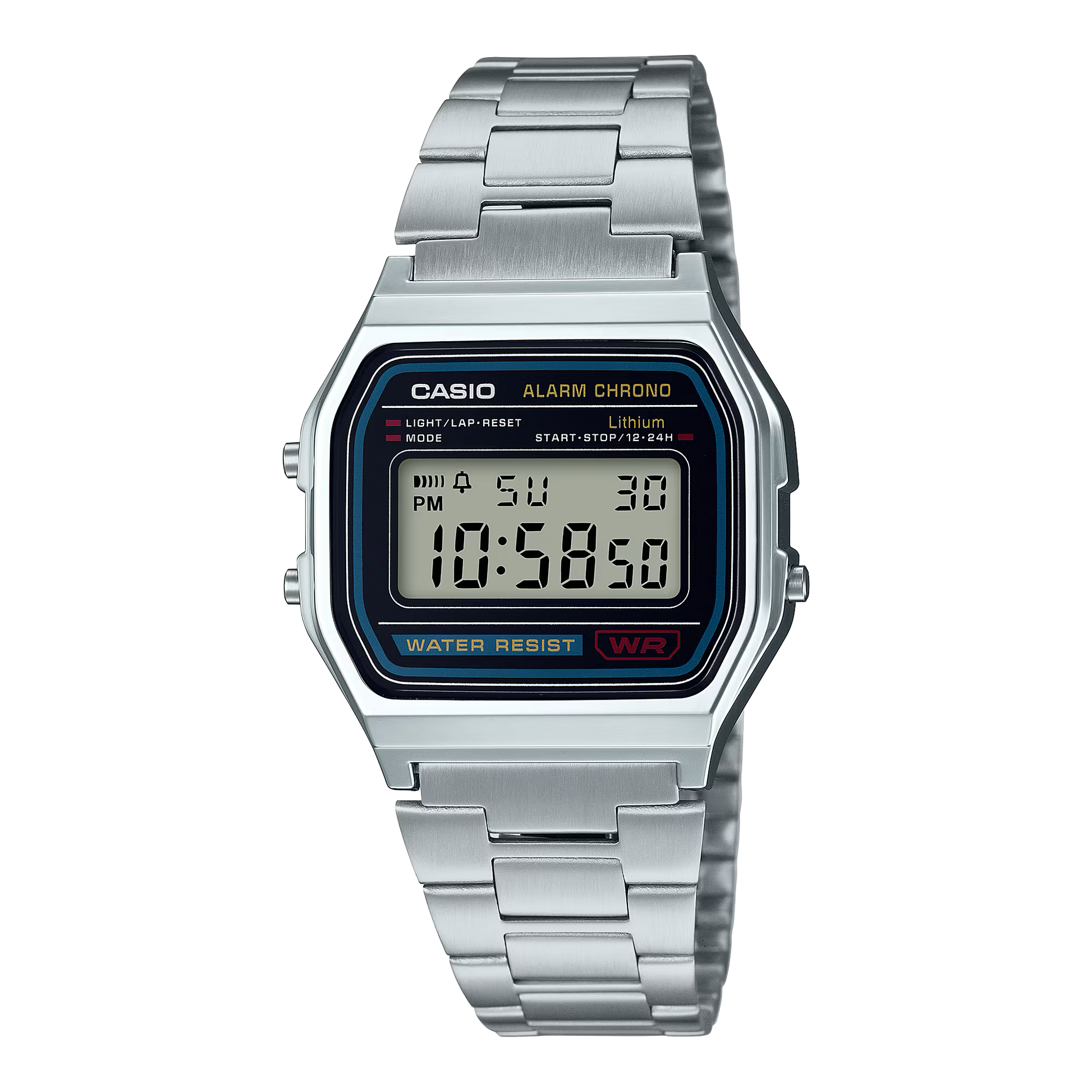 Casio Vintage A158WA-1 digital watch with silver-tone stainless steel band, chrome-plated resin case, green LED backlight, stopwatch, daily alarm, auto-calendar, water resistance, slim 8.2 mm profile, lightweight 46 g build, and 7-year battery life.”