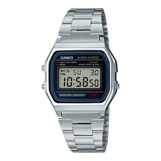 Casio Vintage A158WA-1 digital watch with silver-tone stainless steel band, chrome-plated resin case, green LED backlight, stopwatch, daily alarm, auto-calendar, water resistance, slim 8.2 mm profile, lightweight 46 g build, and 7-year battery life.”