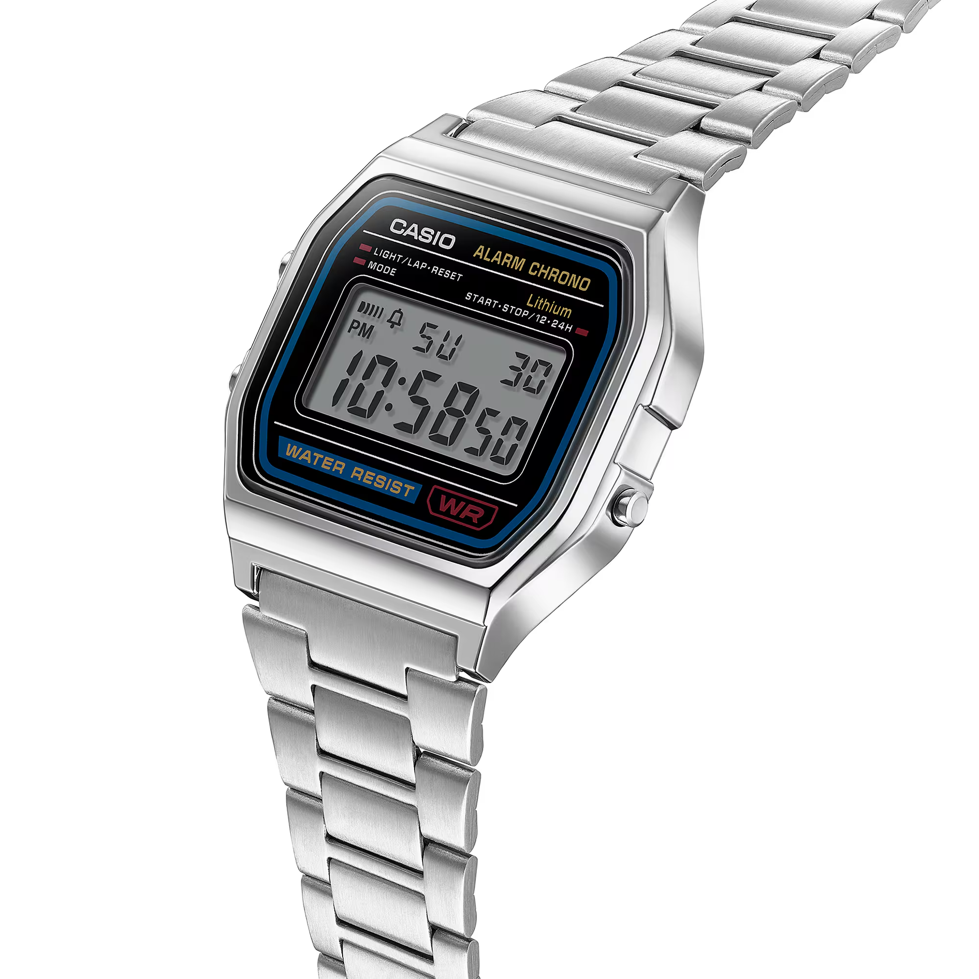Silver Casio digital watch with metal band on a white background
