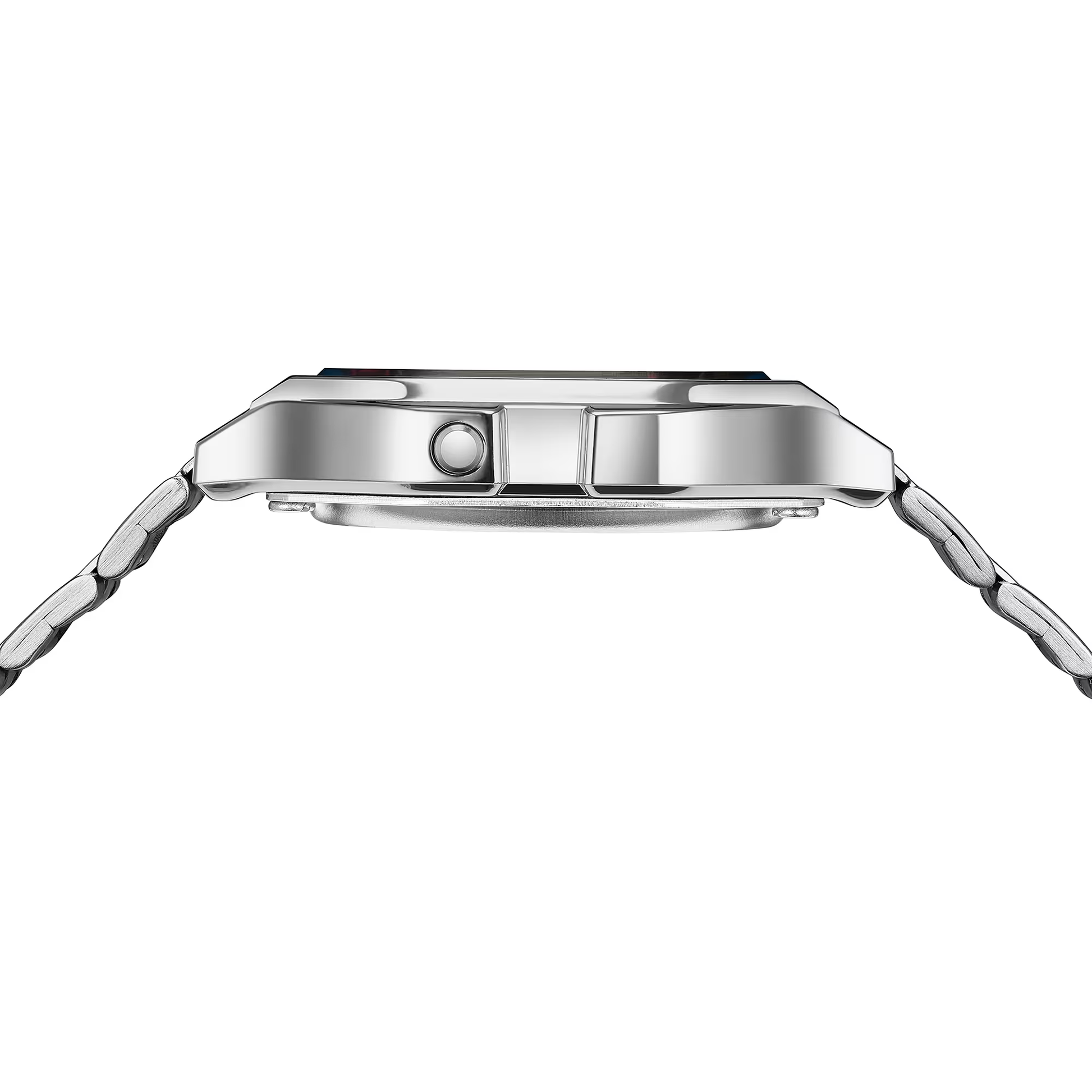Close-up of a silver watch with a white background