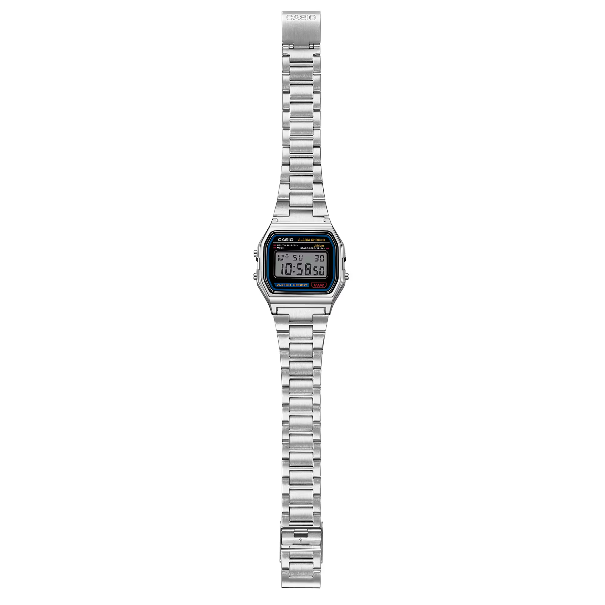 Silver digital watch with metal strap on a white background