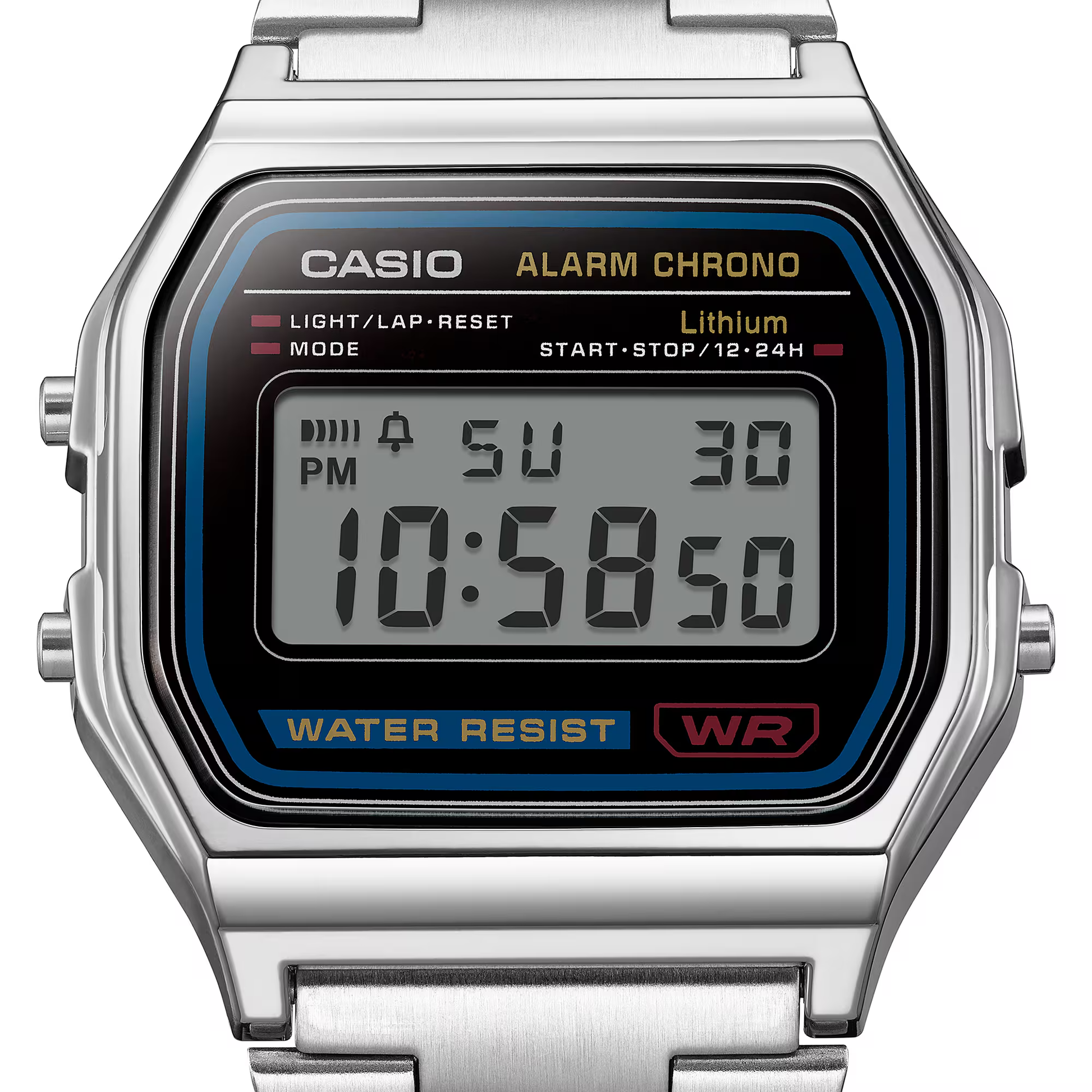 Casio digital watch with a silver band on a white background