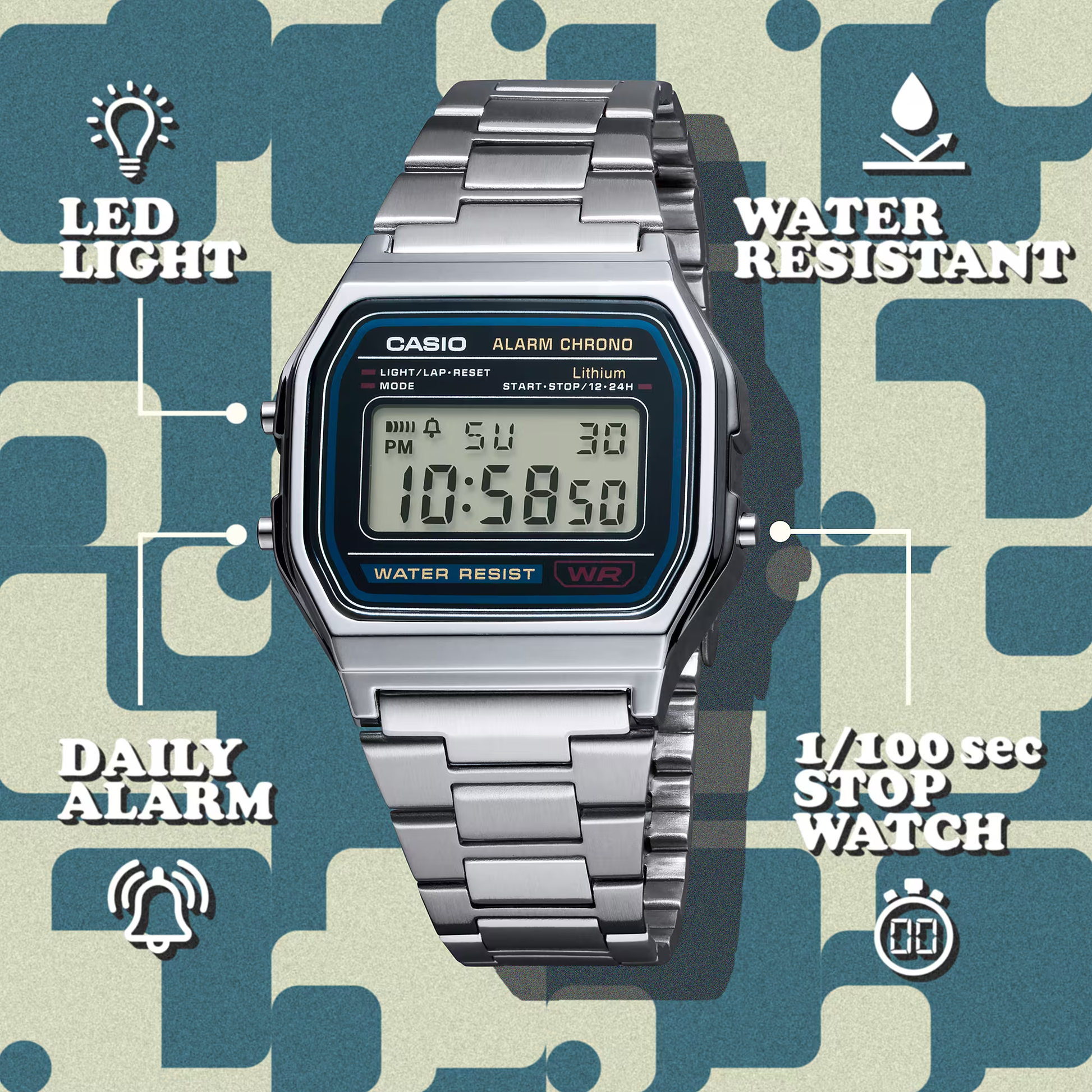 Casio digital watch with metal band on a patterned background