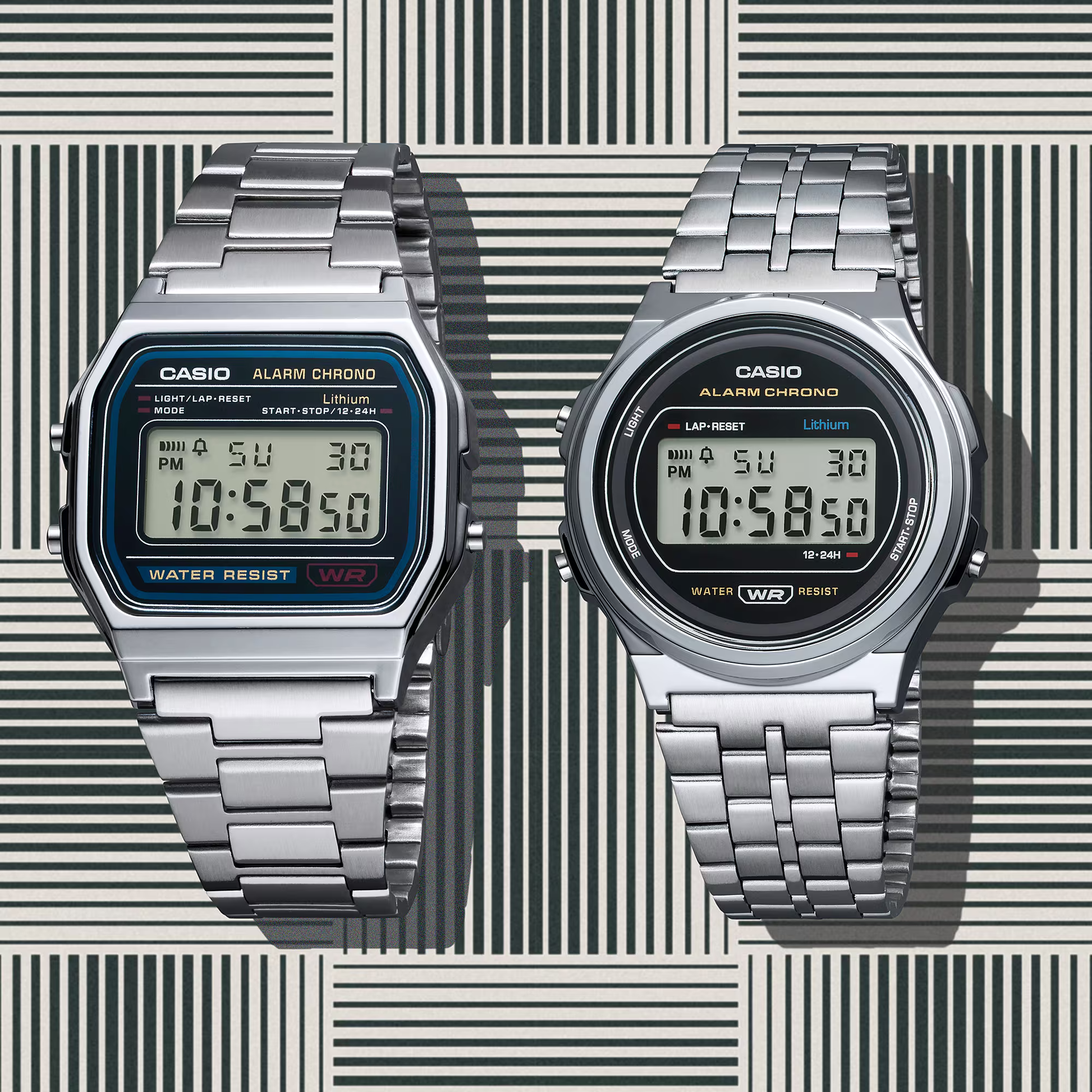 Two Casio digital watches with metal straps on a patterned background