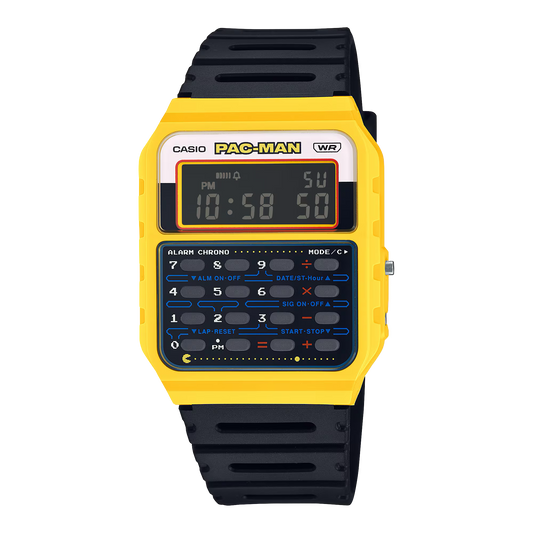 Casio CA53WPC-1B PAC-MAN collaboration watch. Retro arcade-inspired design with an 8-digit calculator, dual time, water resistance, and bio-based resin band. Engraved PAC-MAN case back adds nostalgic charm.